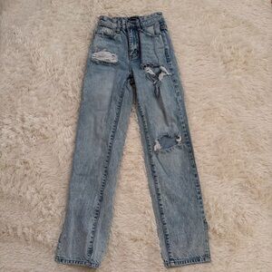 Prettylittlething High waisted distressed jeans with split hem